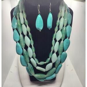 Coastal Ocean Blue Green Aqua Chunky Statement Four Strand Necklace & Earrings